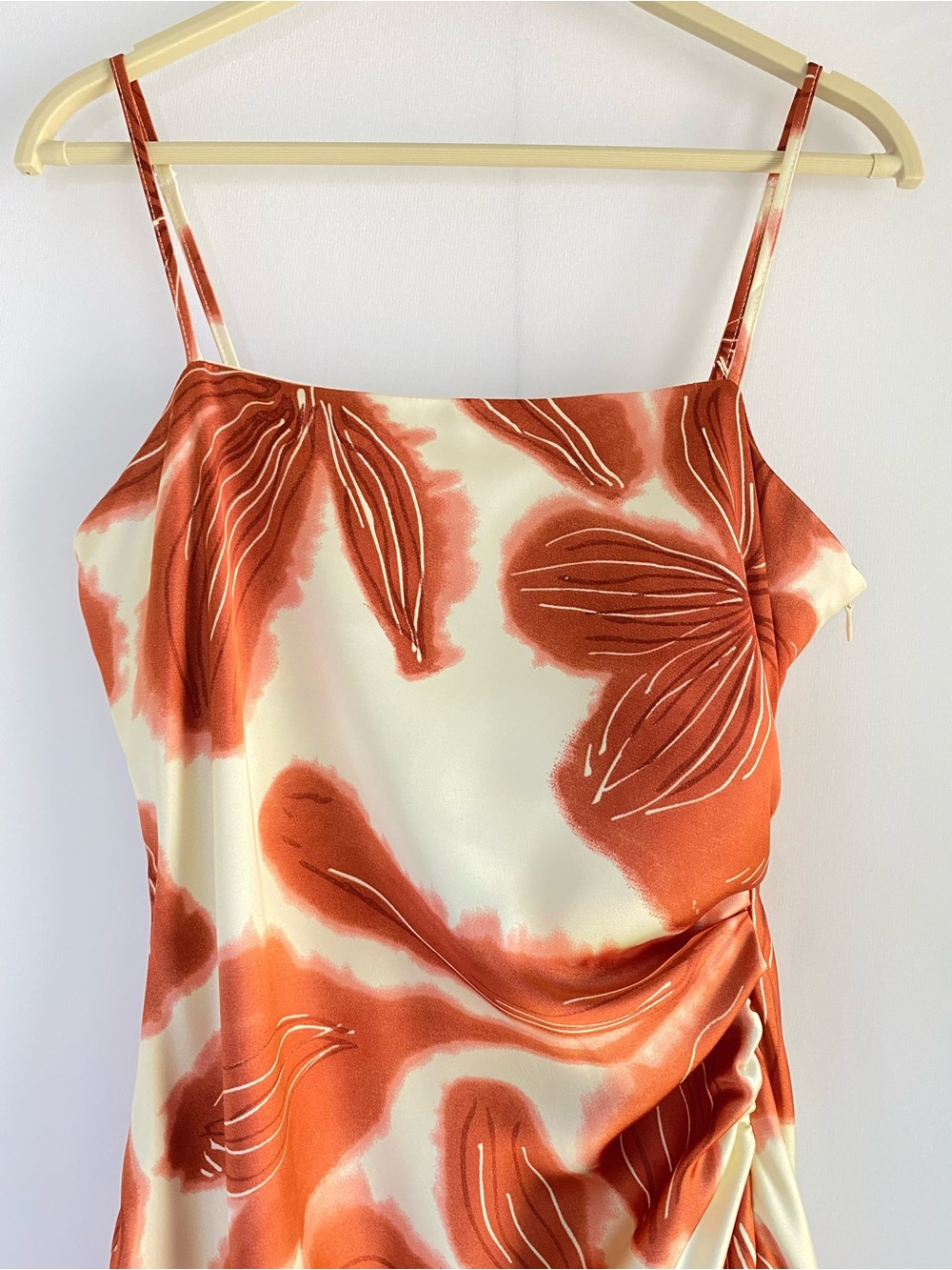 House of Harlow Rust Orange Abstract Floral Midi Slip Dress Ruched 70s Resort M - Picture 6 of 13